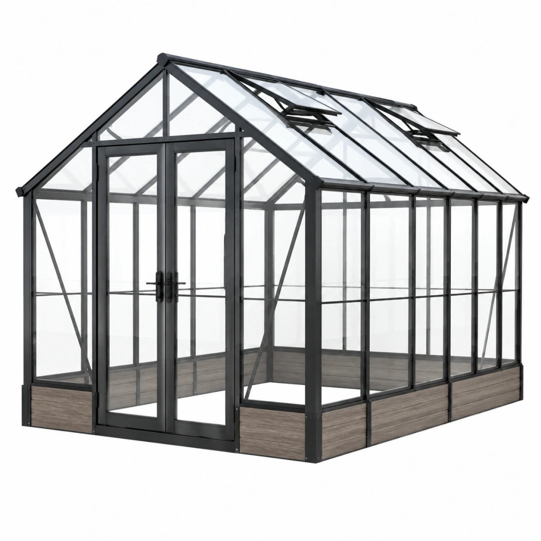 Gewächshaus 300 x 240 x 250 cm Aluminium Schwarz mit Doppeltür und Dachfenstern