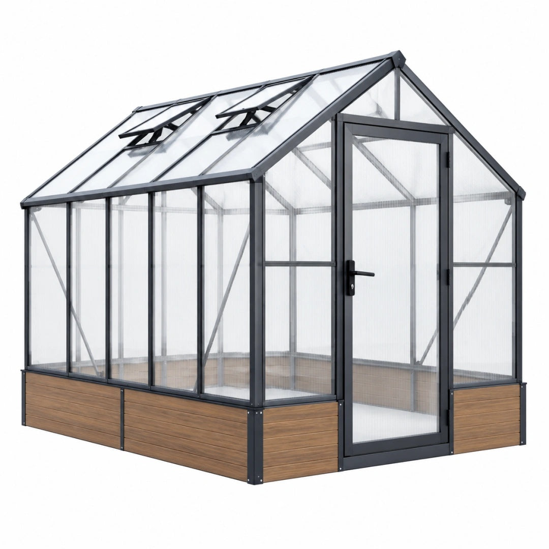 Gewächshaus 240 x 190 x 195 cm aus Aluminium und Kunststoffplatten in Anthrazit Braun Transparent mit Tür und Dachfenstern