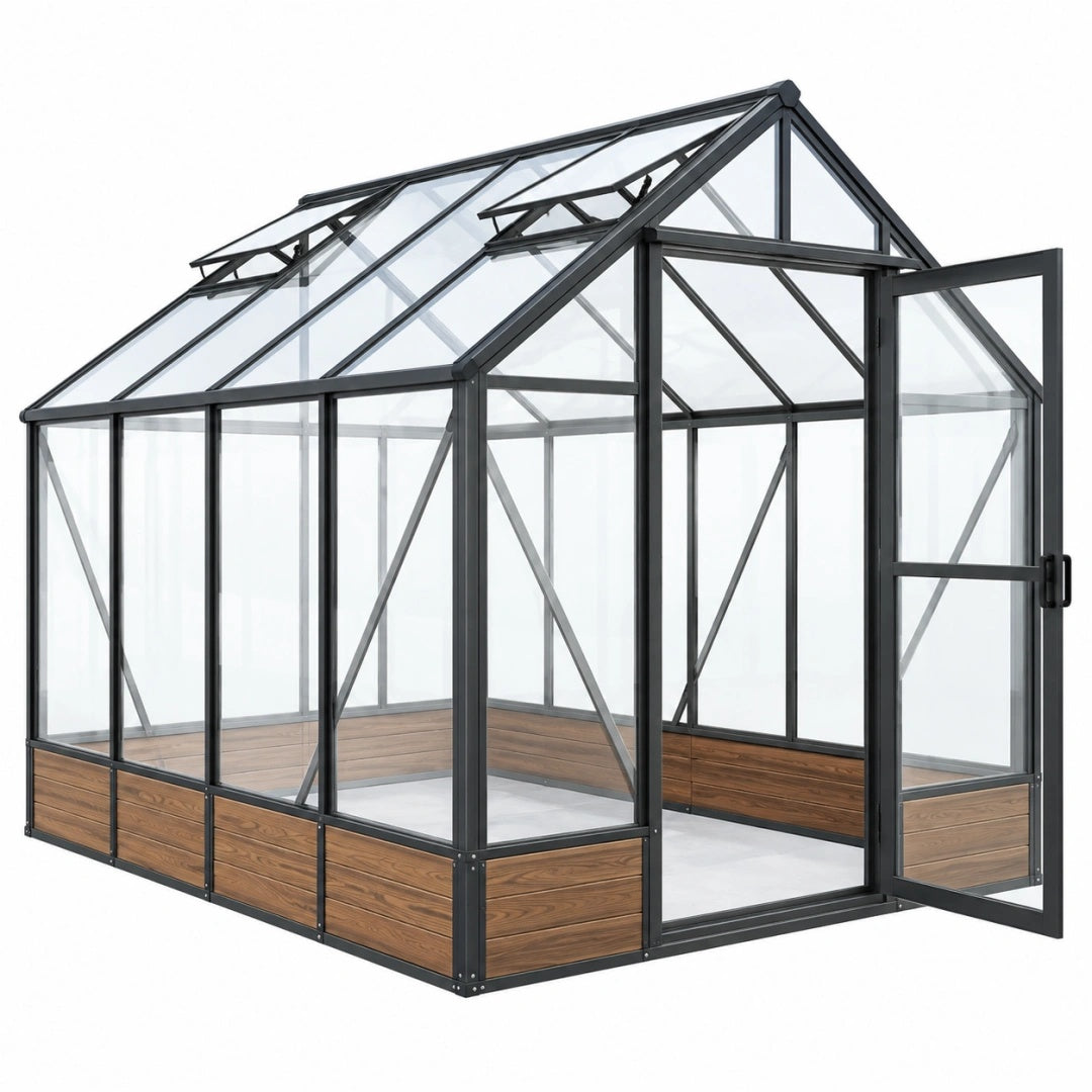 Gewächshaus 190 x 190 x 200 cm Aluminium Schwarz mit transparenten Paneelen und Dachfenstern