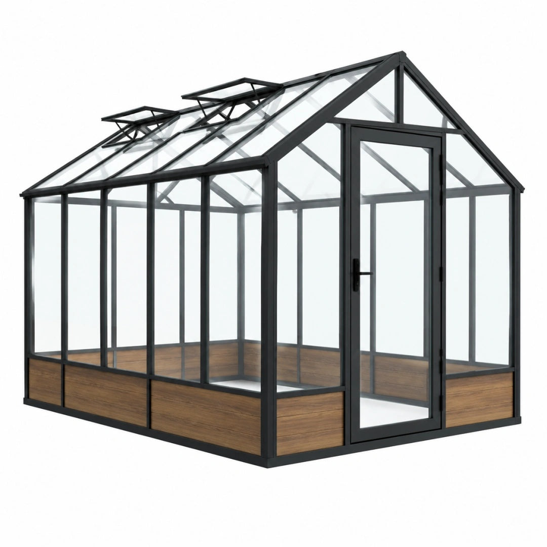 Gewächshaus 305 x 190 x 230 cm Aluminium Glas Schwarz Transparent mit Dachfenstern