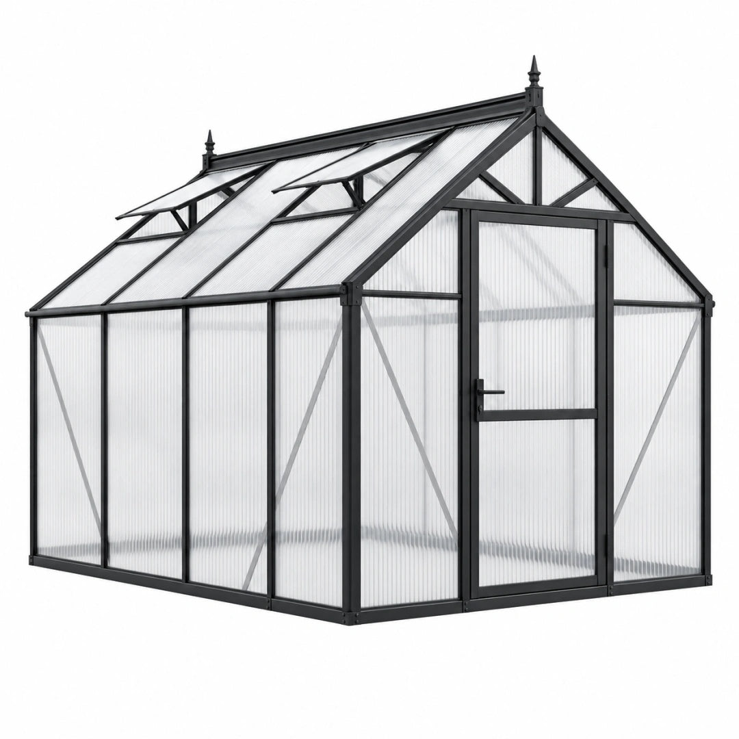 Gewächshaus 240 x 190 x 195 cm Metall Schwarz mit Polycarbonatplatten und Dachfenstern
