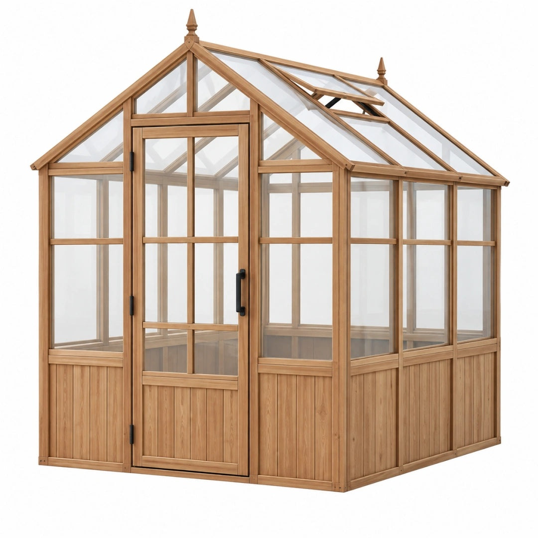 Gewächshaus 180 x 120 x 210 cm Naturholz mit transparenten Paneelen und Dachfenster