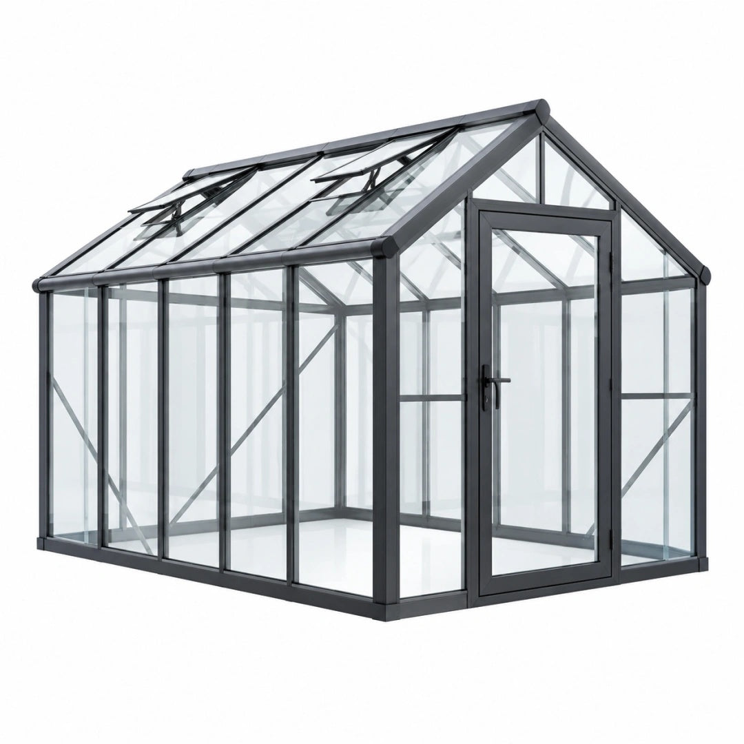 Gewächshaus 250 x 190 x 230 cm Aluminium Glas Anthrazit freistehend mit Dachfenstern