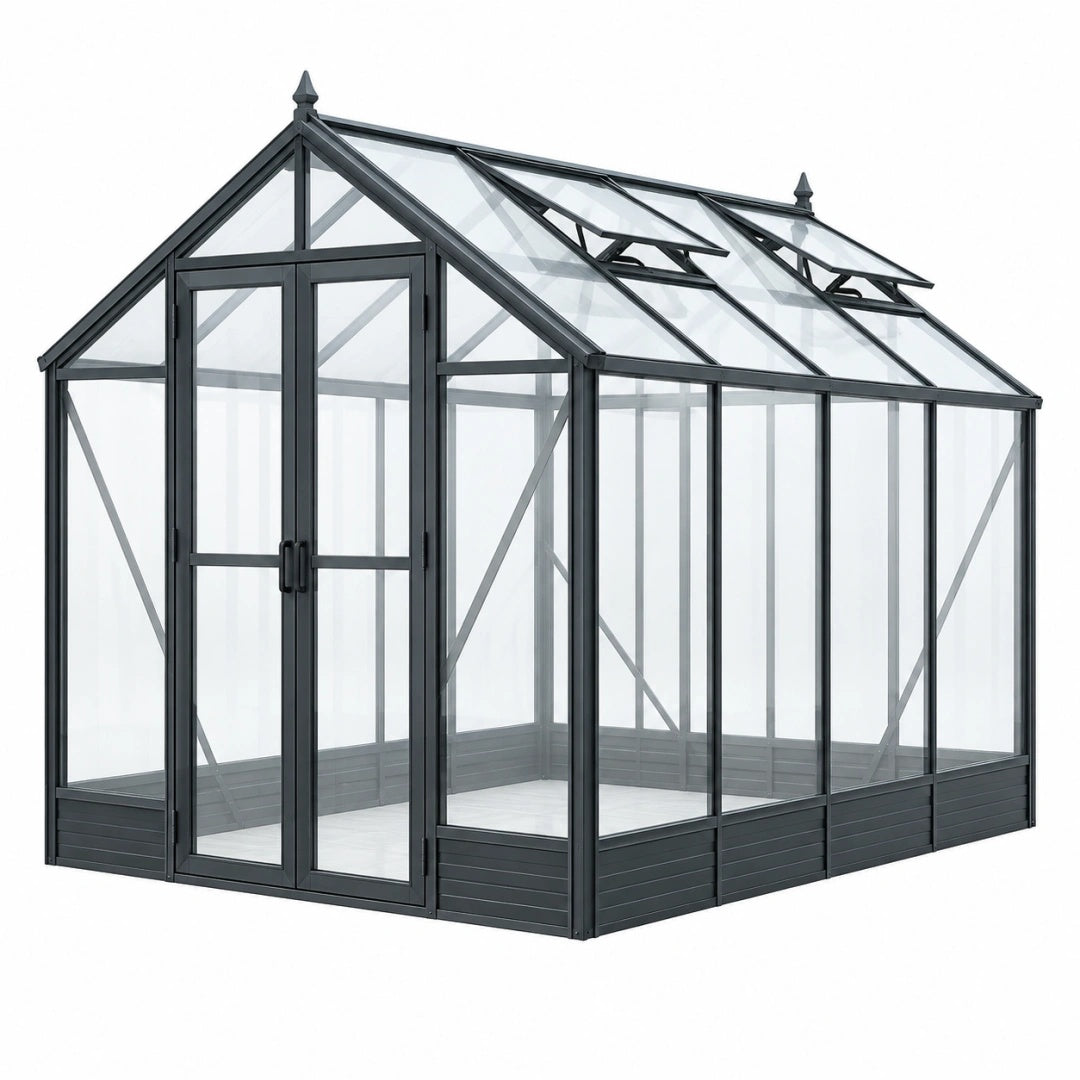 Gewächshaus 312 x 244 x 250 cm Aluminium Glas Anthrazit mit Doppeltür und Dachfenstern