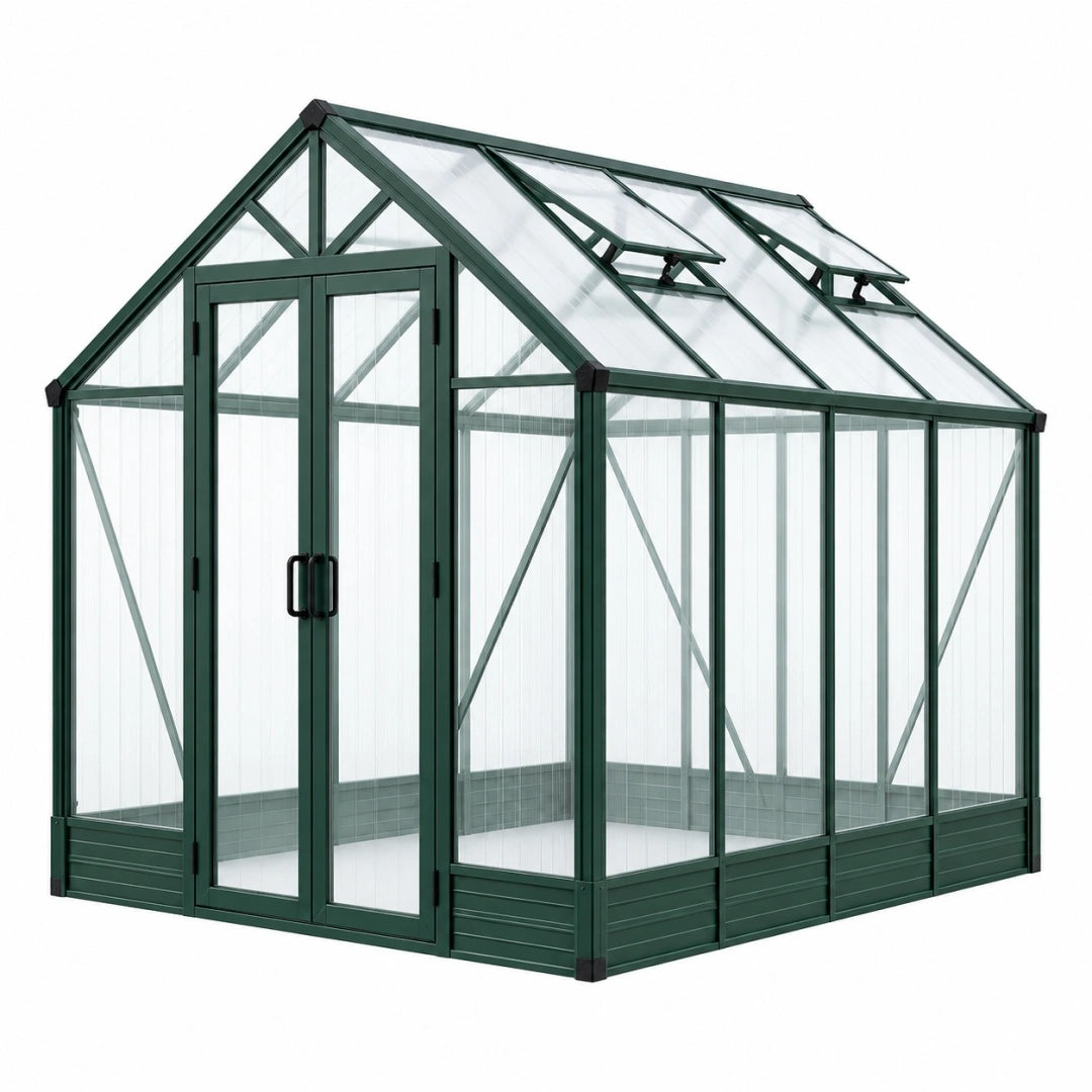 Gewächshaus 190 x 190 x 195 cm Aluminium Polycarbonat Grün mit Doppeltür und Dachfenstern