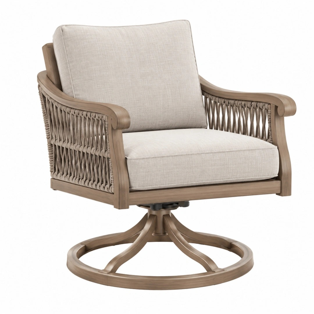 Drehsessel 82 x 85 x 92 cm Holz Taupe mit Seilbespannung und Polsterung