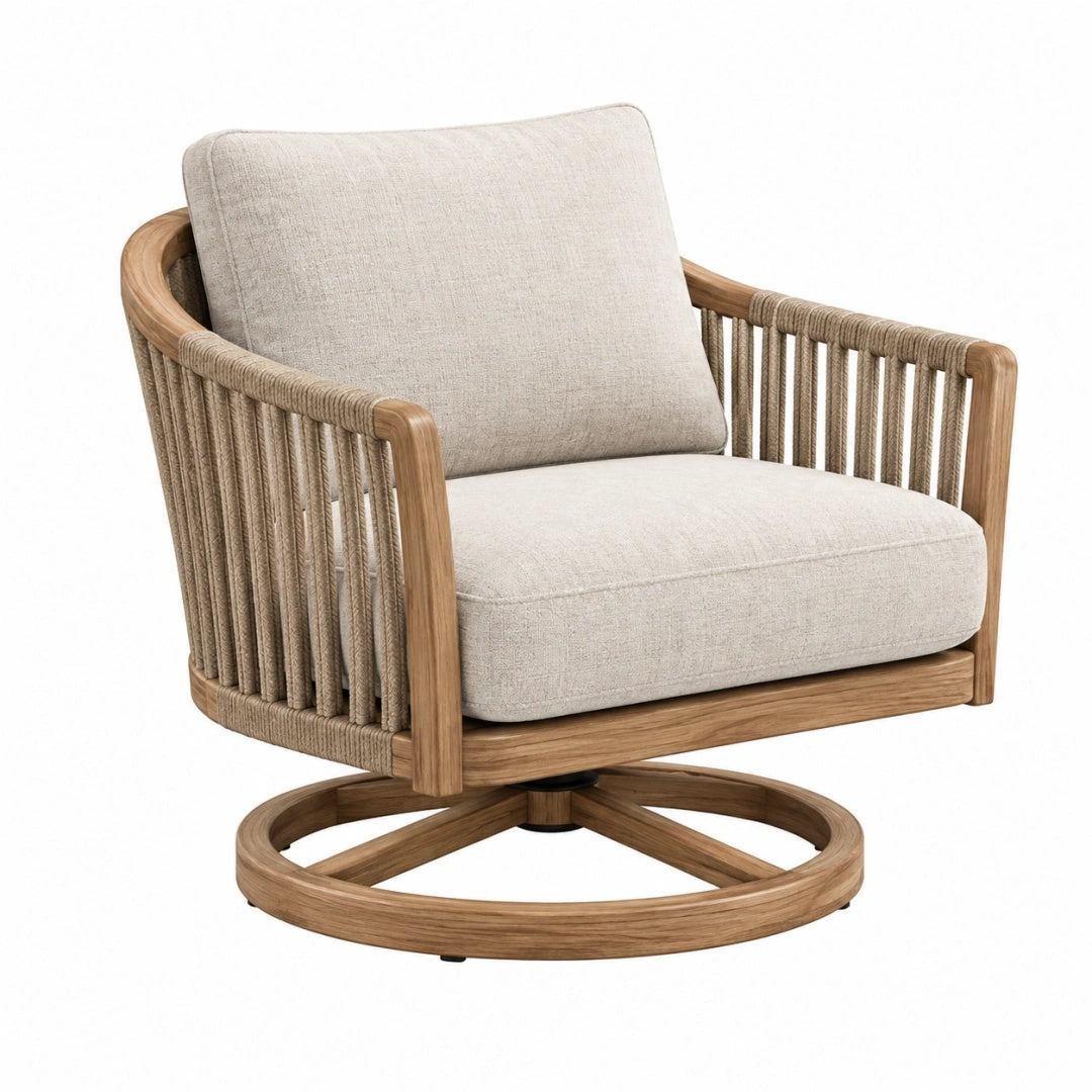 Drehsessel 78 x 80 x 84 cm aus Holz und Seil in Natur Beige mit Polsterung