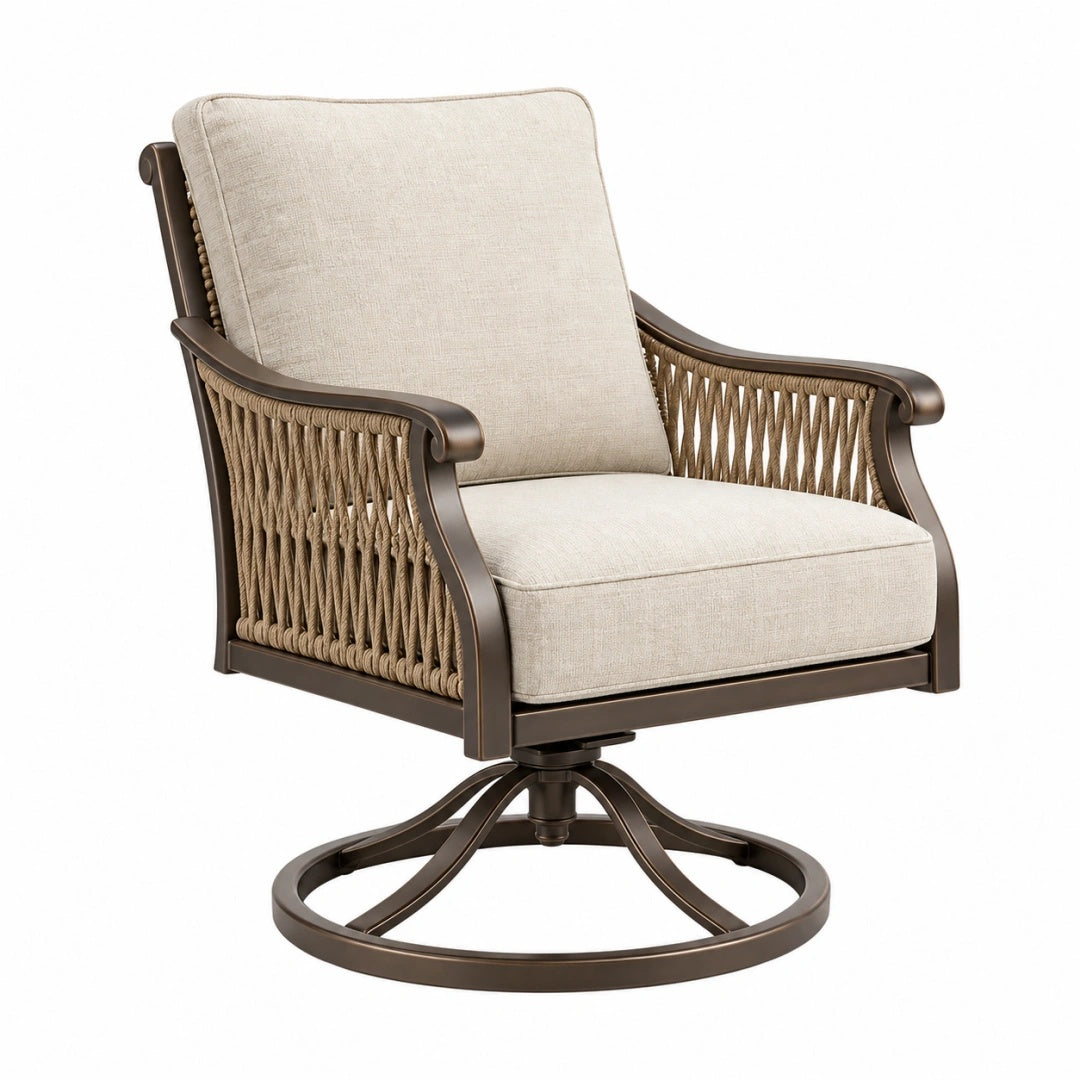 Drehsessel 80 x 85 x 98 cm aus Metall und Seilgeflecht in Beige Braun für den Außenbereich