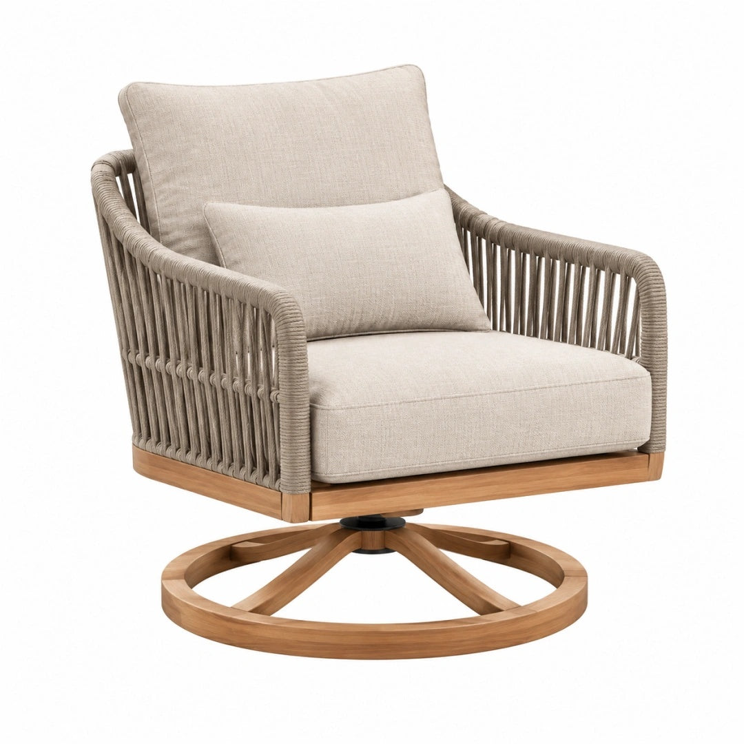Drehsessel 90 x 85 x 92 cm aus Holz und Seilgeflecht in Beige für Garten im modernen Stil